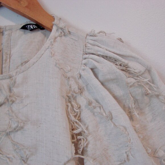 Zara Linen Blend Peplum Top Boho Hippie Fringe Puff Sleeve Natural Beige Small - Picture 8 of 16